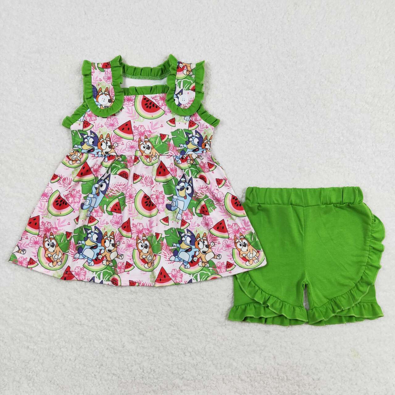 GSSO0859 Watermelon Cartoon Dog Tunic Top Green Shorts Girls Summer Clothes Set