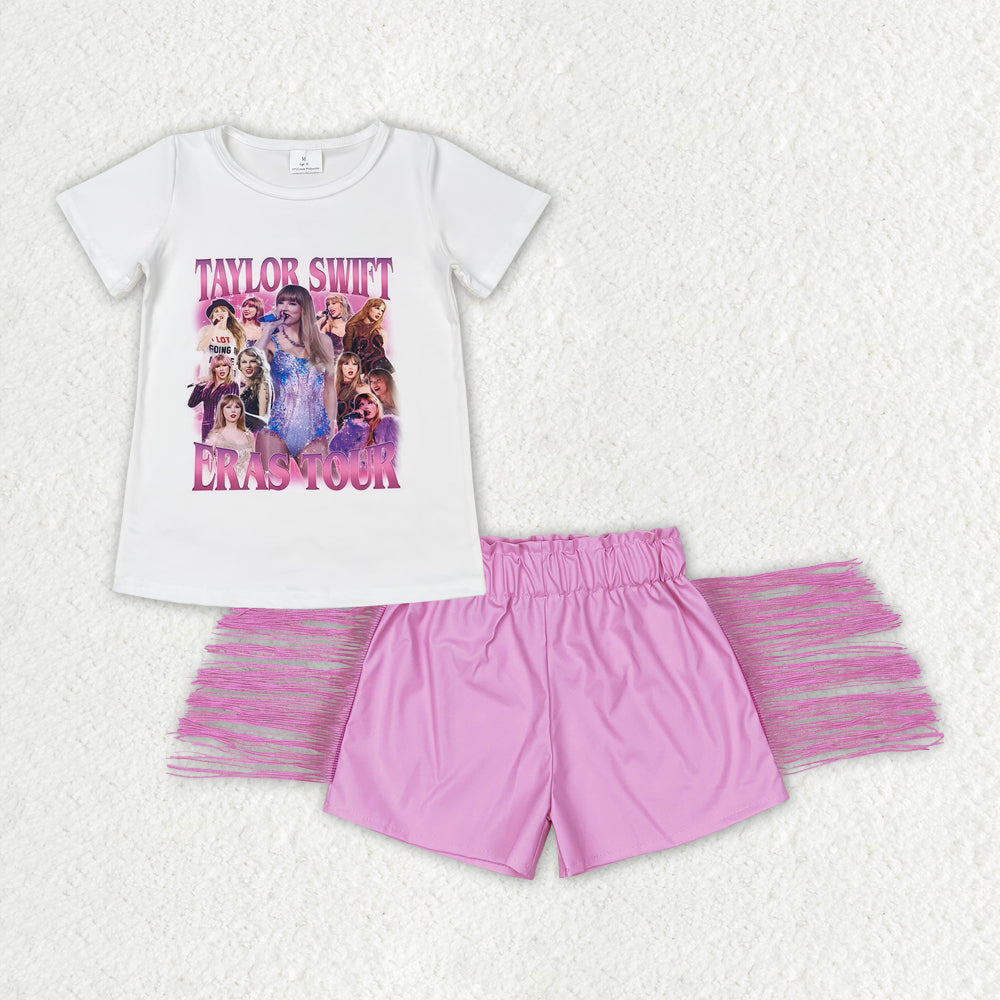 GSSO0877 Singer Swiftie Top Pink Tassels Leather Shorts Girls Summer Clothes Set