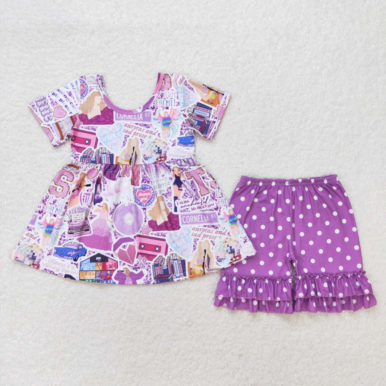 GSSO0897 Purple Singer Swiftie Tunic Top Dots Shorts Girls Summer Clothes Set