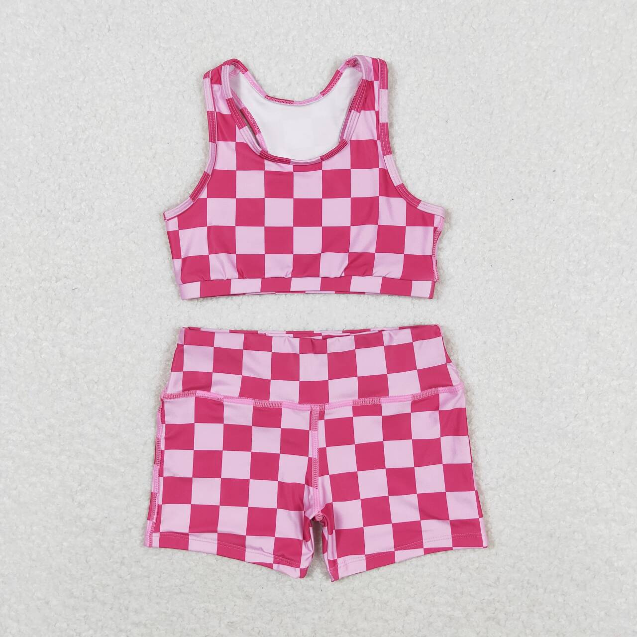 GSSO0905 Hot Pink Plaid Print Girls Summer Clothes Set