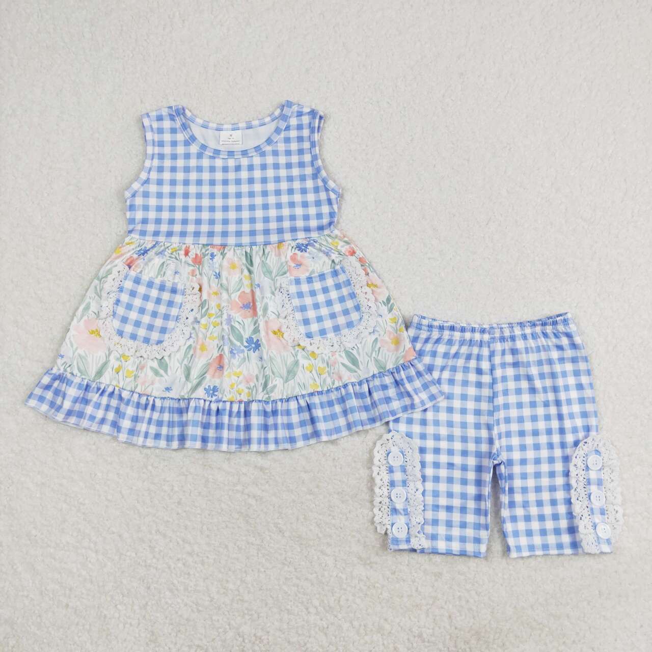 GSSO0908 Flowers Pockets Tunic Top Plaid Shorts Girls Summer Clothes Set