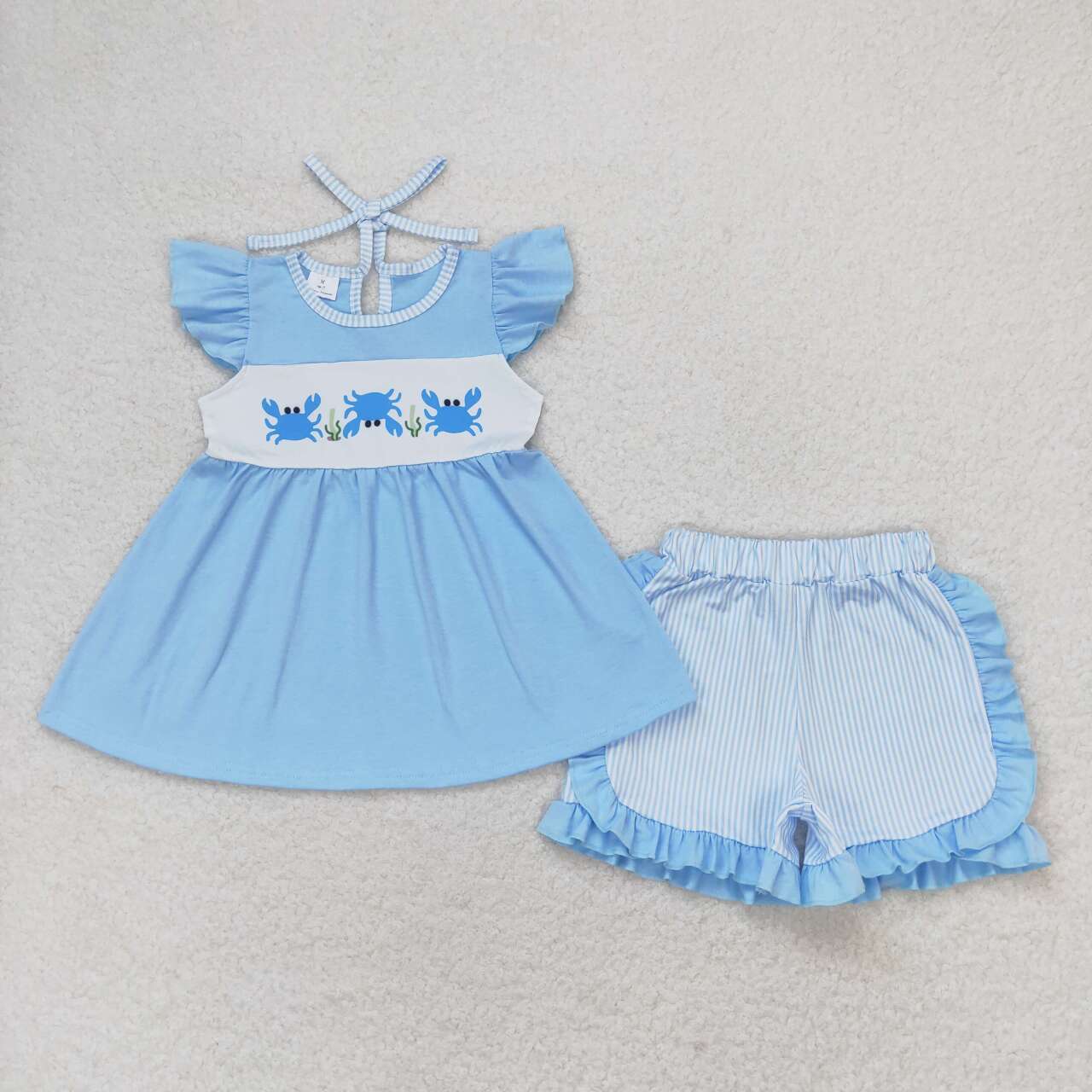 GSSO0927 Blue Crab Tunic Top Stripes Shorts Girls Summer Clothes Set
