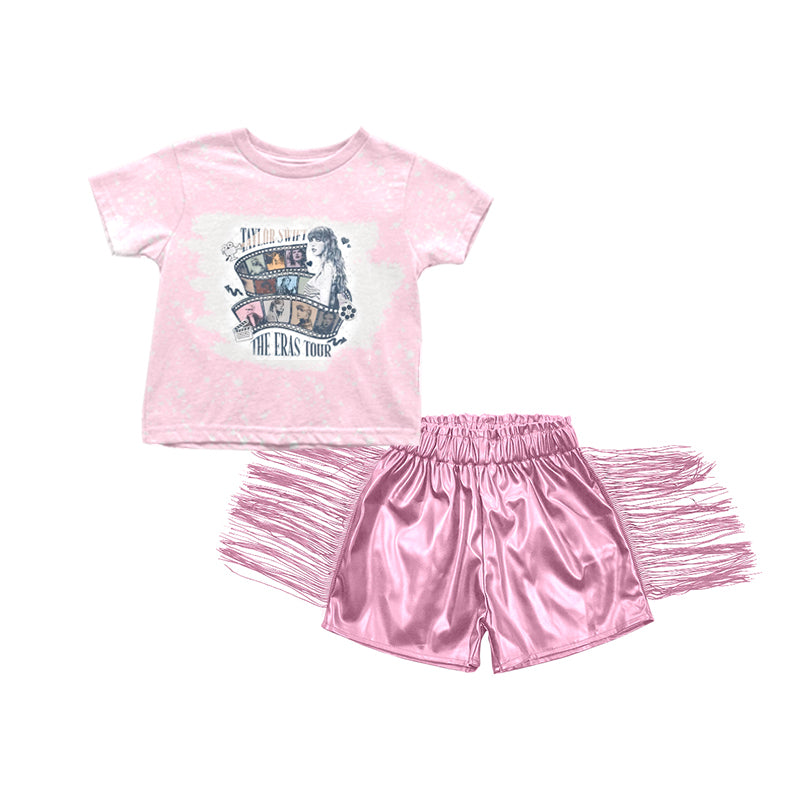 (Pre-order)GSSO0986 Singer Swiftie Top Pink Tassels Leather Shorts Girls Summer Clothes Set
