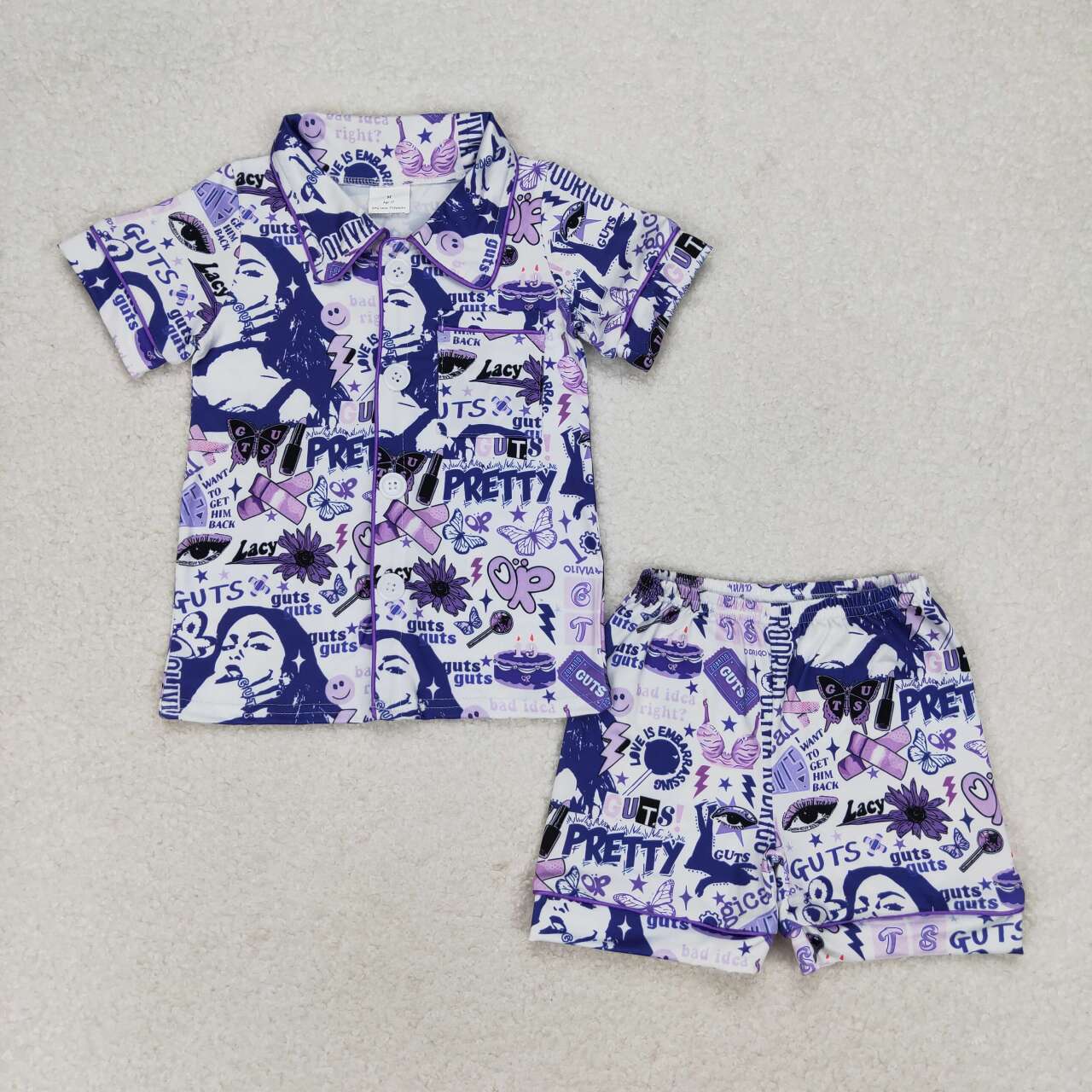 GSSO0988 Purple Singer Olivia Print Girls Summer Pajamas Clothes Set