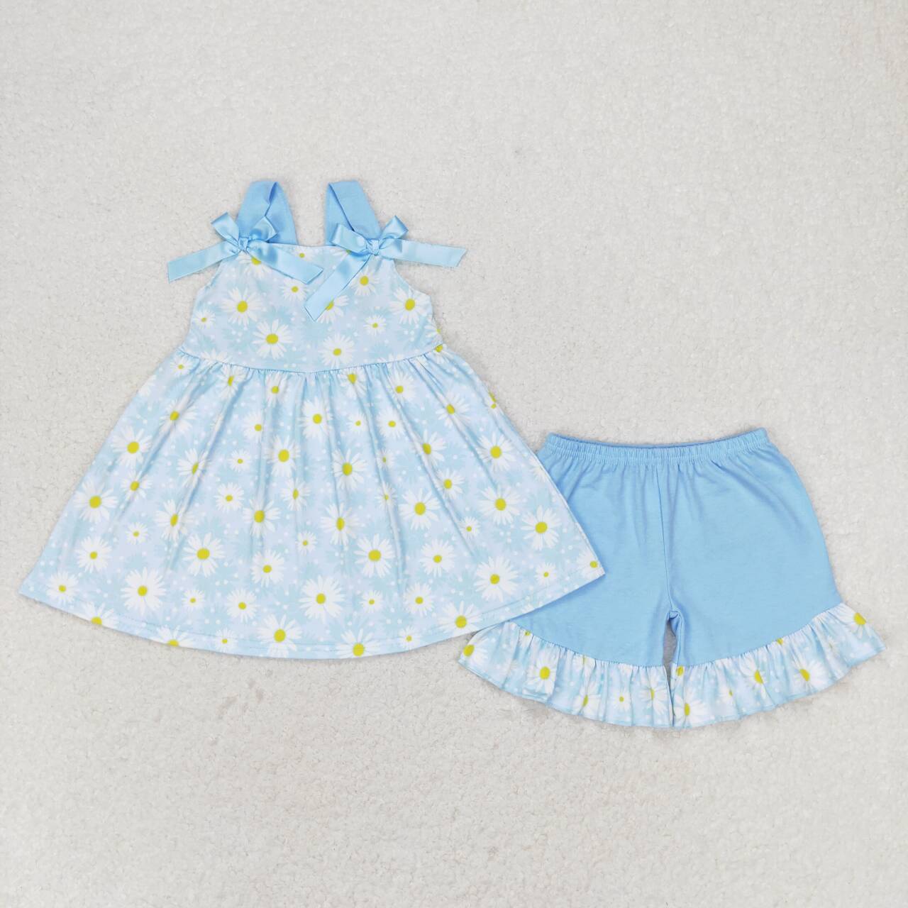 GSSO0993 Daisy Flowers Tunic Top Ruffle Shorts Girls Summer Clothes Set
