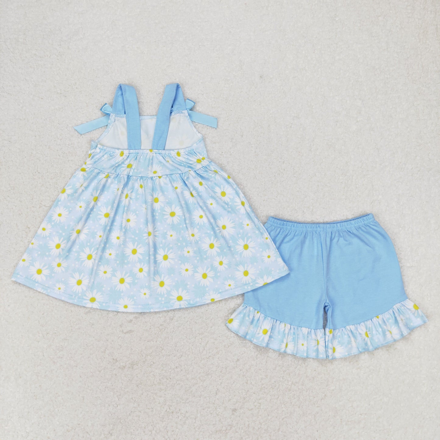 GSSO0993 Daisy Flowers Tunic Top Ruffle Shorts Girls Summer Clothes Set