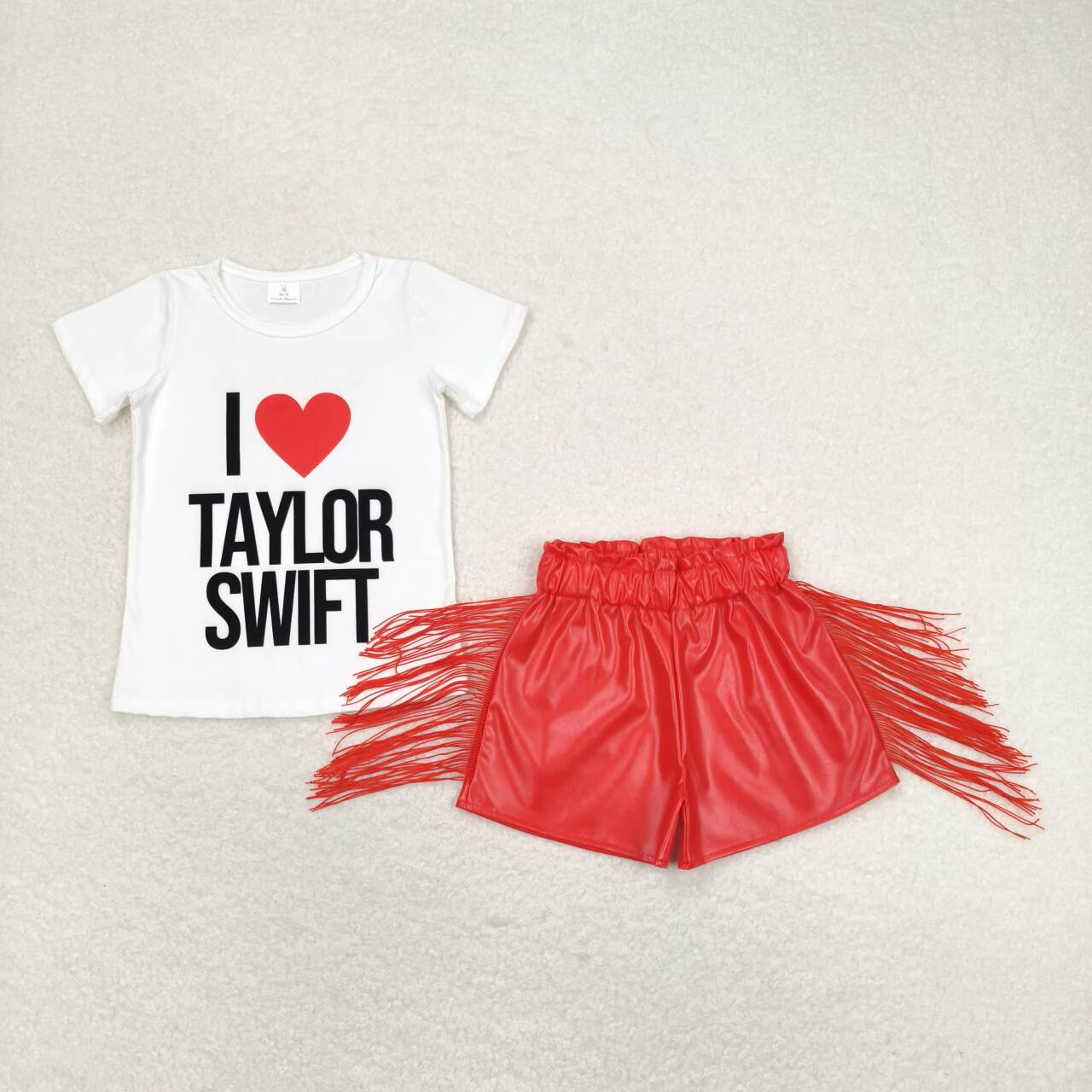 GSSO1030 I LOVE Singer Swiftie Top Red Tassels Leather Shorts Girls Summer Clothes Set