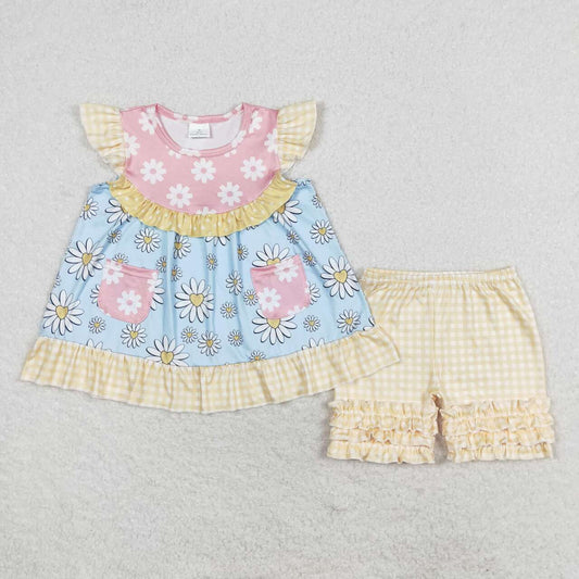 GSSO1036  Flowers Pockets Tunic Top Ruffles Shorts Girls Summer Clothes Set