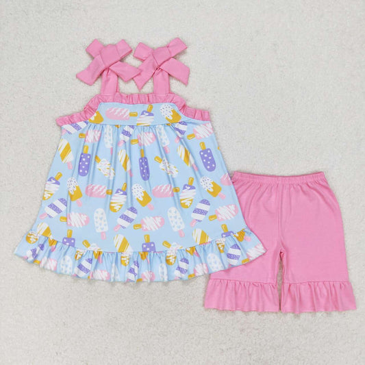 GSSO1037  Popsicle Tunic Top Ruffles Shorts Girls Summer Clothes Set
