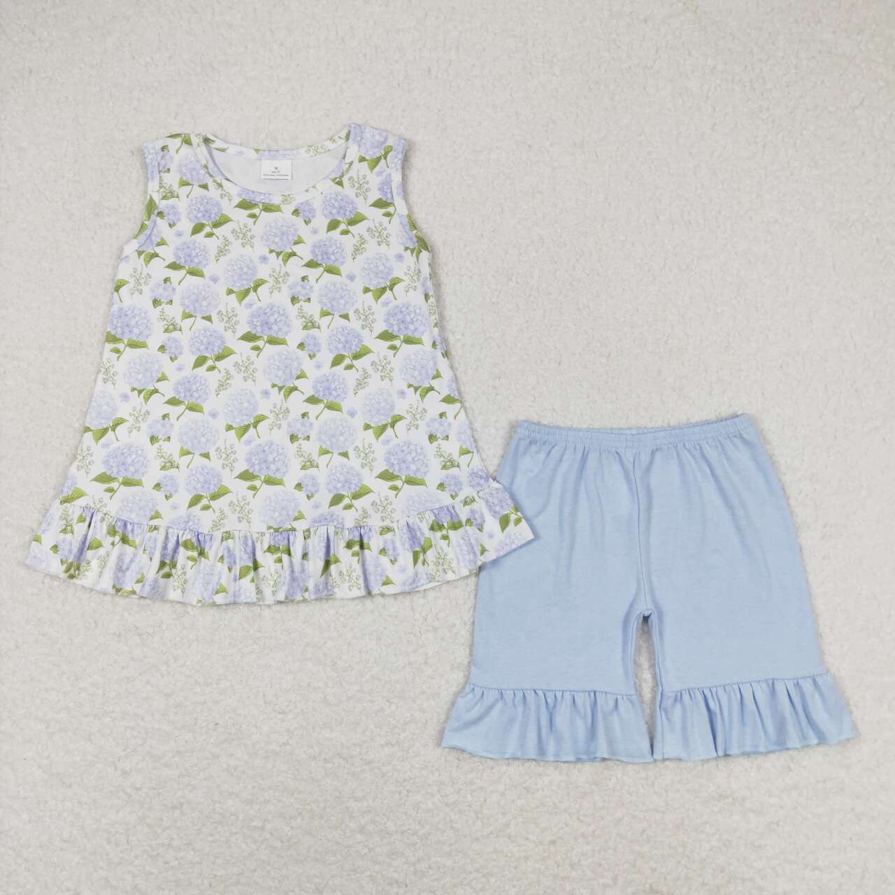 GSSO1050 Hydrangea Flowers Tunic Top Ruffle Shorts Girls Summer Clothes Set