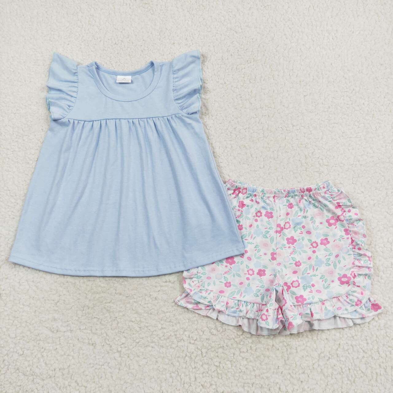 GSSO1056 Blue Tunic Top Flowers Shorts Girls Summer Clothes Set