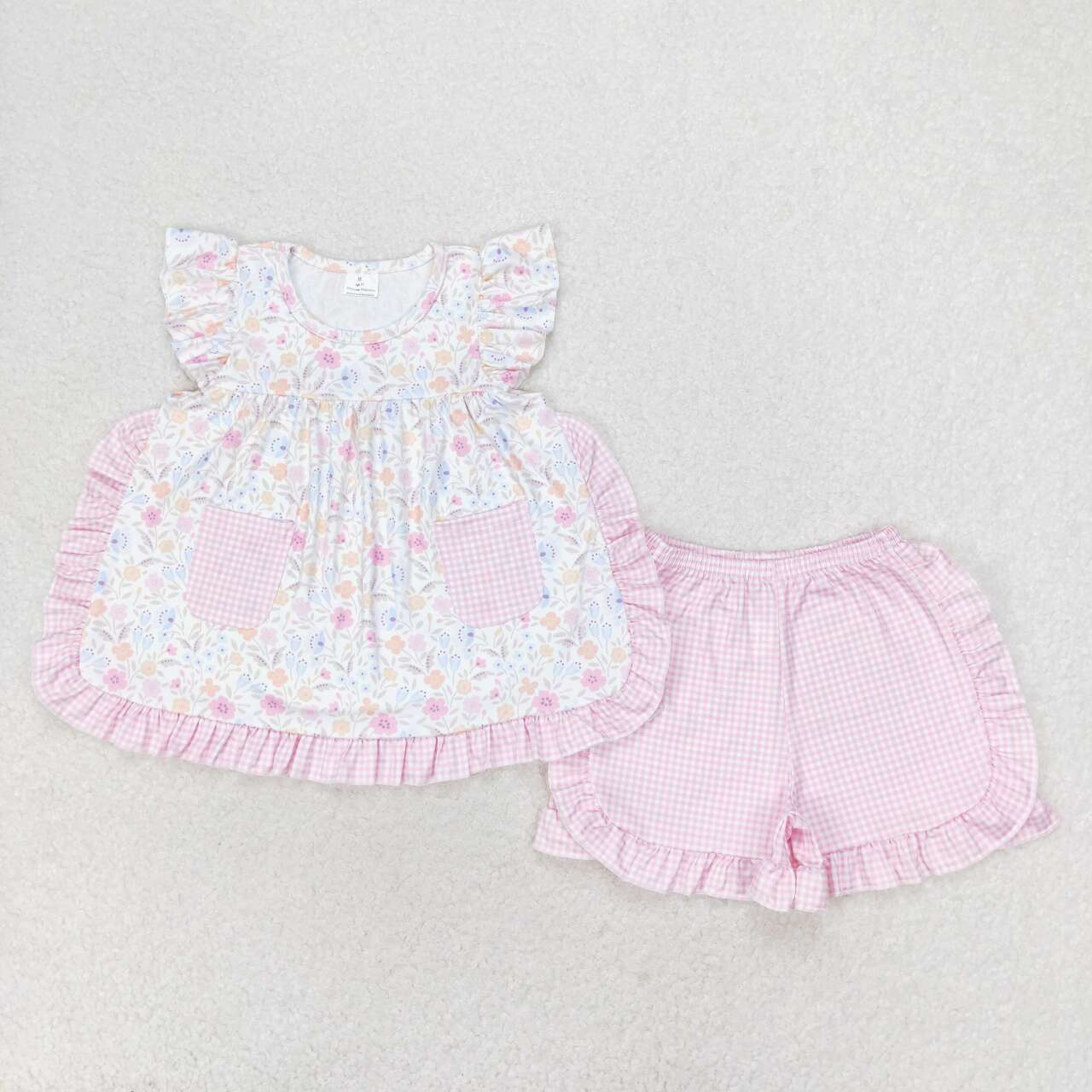 GSSO1057 Flowers Pockets Tunic Top Ruffle Shorts Girls Summer Clothes Set