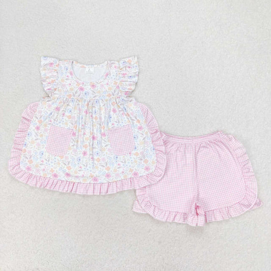 GSSO1057  Flowers Pockets Tunic Top Ruffle Shorts Girls Summer Clothes Set