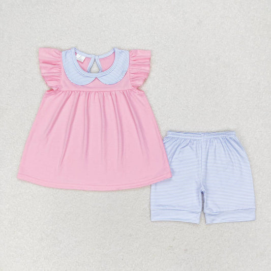 GSSO1064  Pink Top Blue Shorts Girls Summer Clothes Set