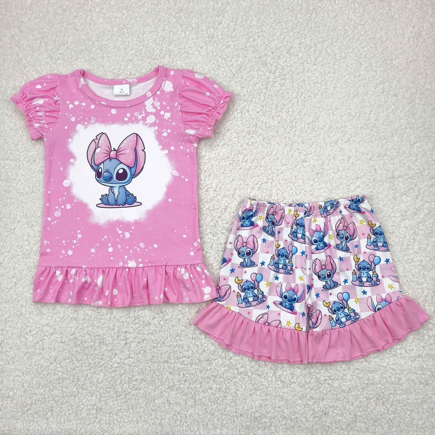 GSSO1071 Pink Cartoon Stitc* Print Girls Summer Clothes Set