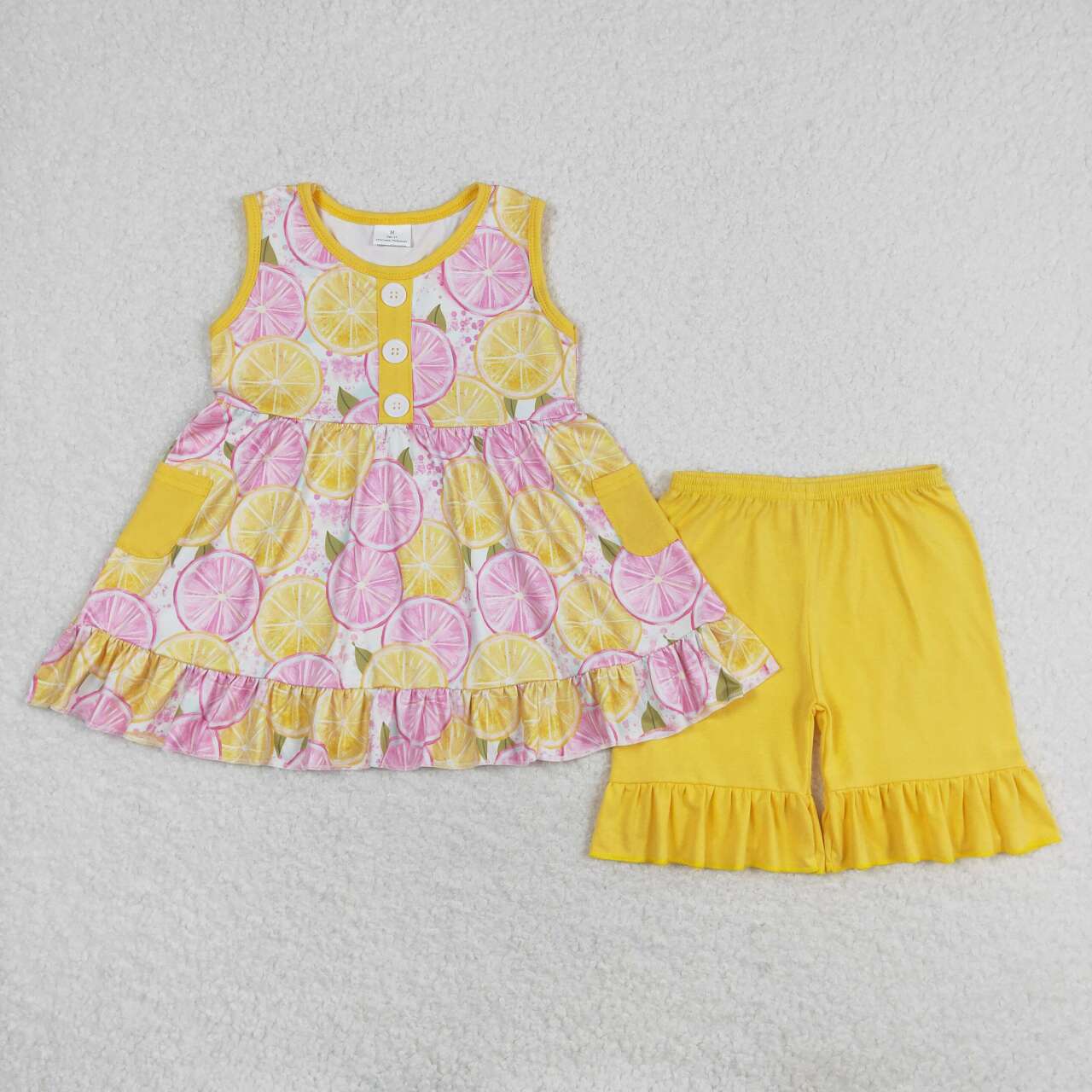 GSSO1079 Fruits Tunic Top Yellow Shorts Girls Summer Clothes Set