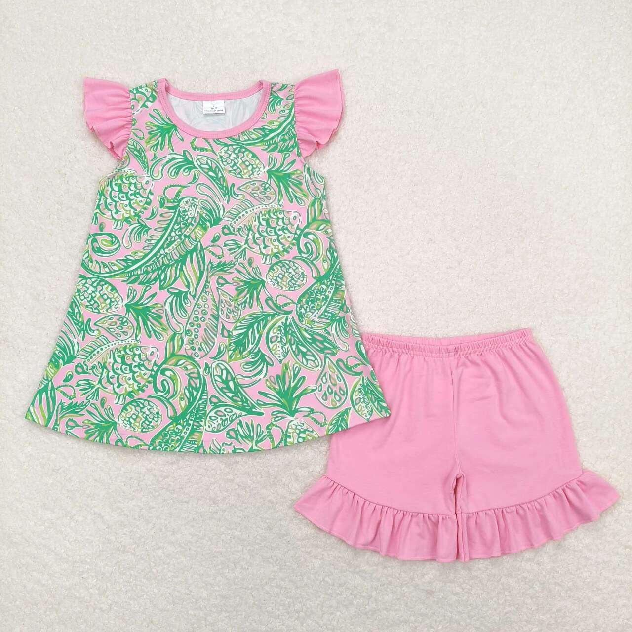 GSSO1083 Green Water Seaweed Flowers Top Pink Shorts Girls Summer Clothes Set