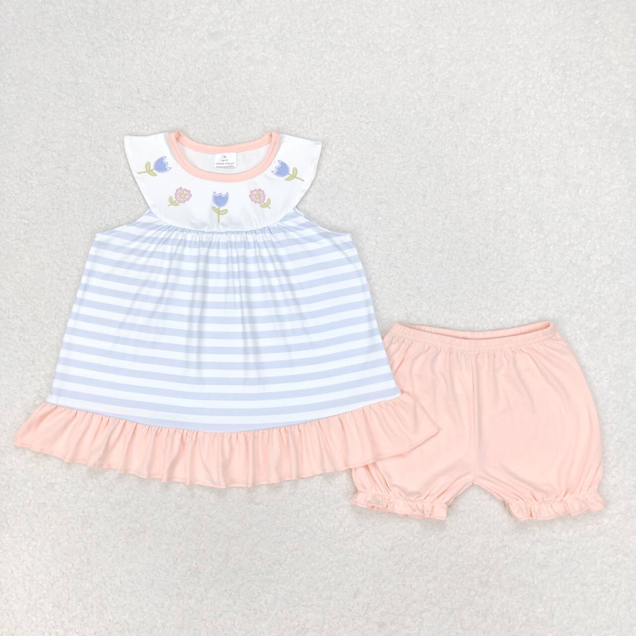 GSSO1101 Flowers Stripes Top Pink Shorts Girls Summer Clothes Set