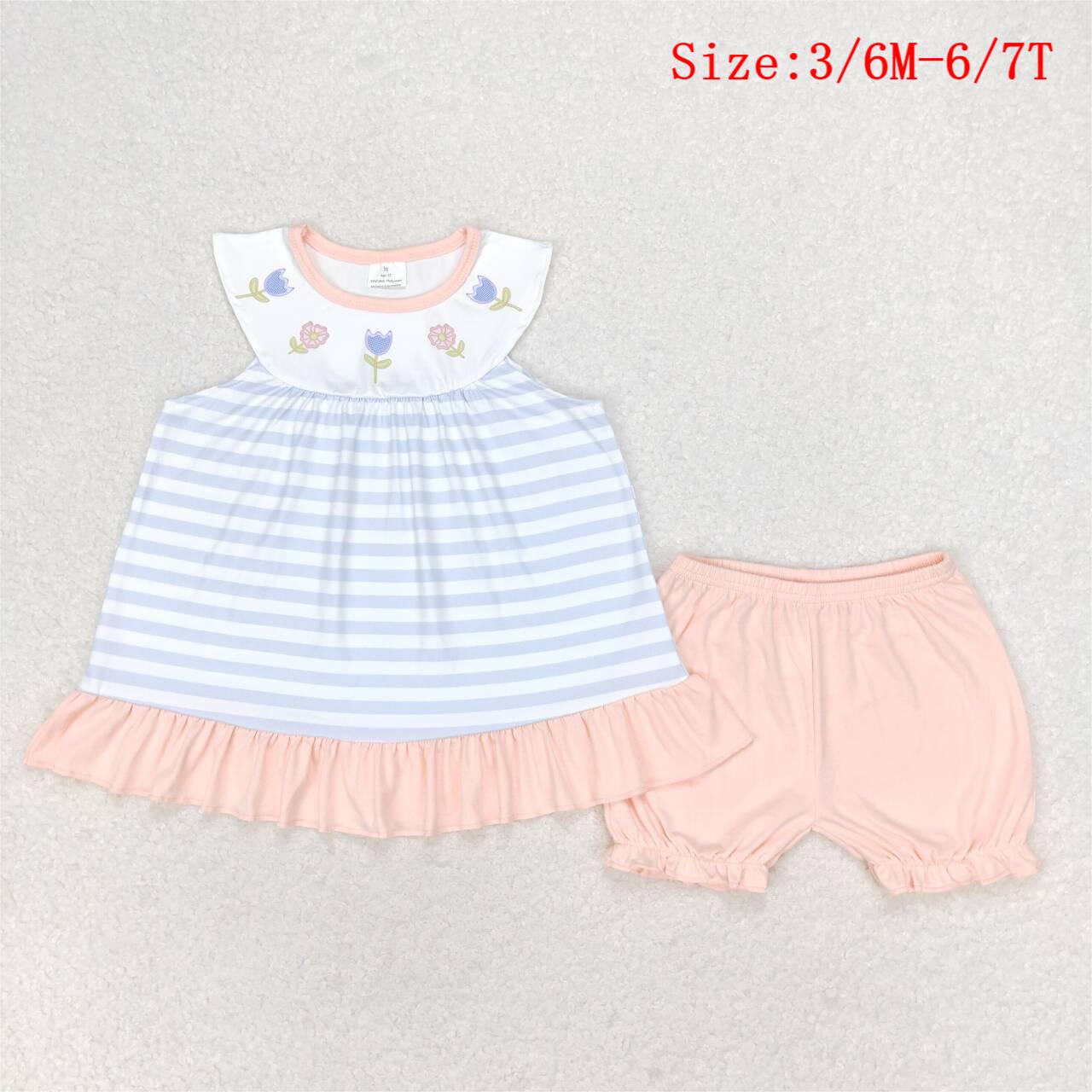 GSSO1101 Flowers Stripes Top Pink Shorts Girls Summer Clothes Set
