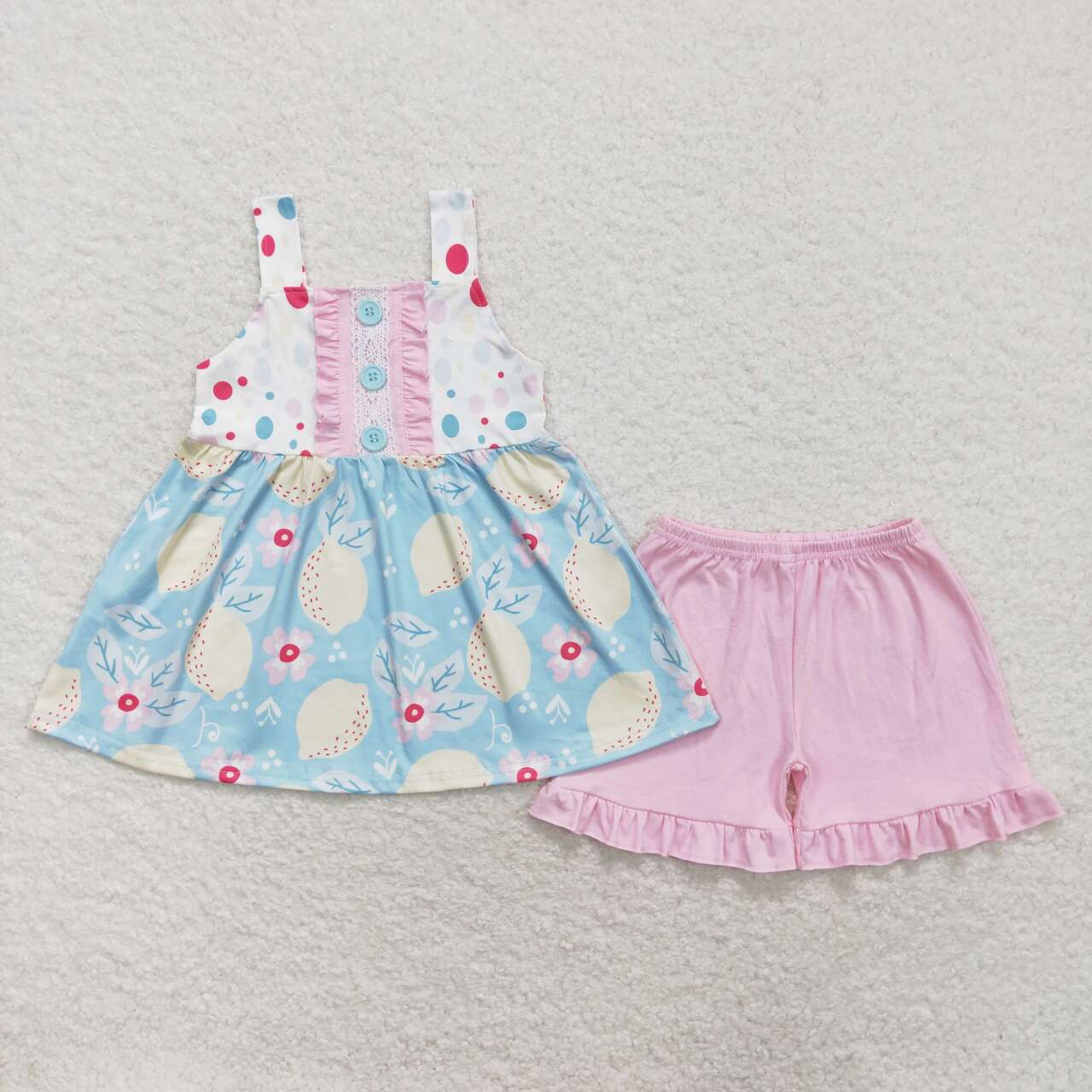 GSSO1133 Lemon Tunic Top Pink Shorts Girls Summer Clothes Set