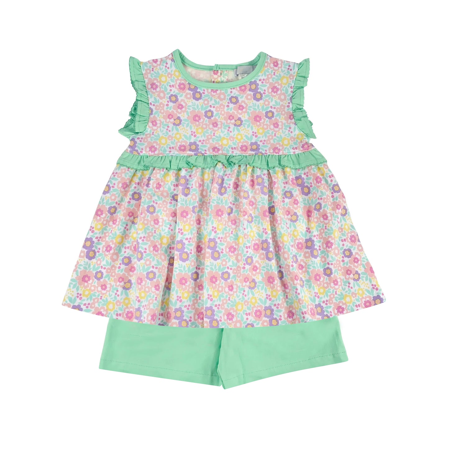 (Pre-order)GSSO1134 Flowers Tunic Top Green Shorts Girls Summer Clothes Set