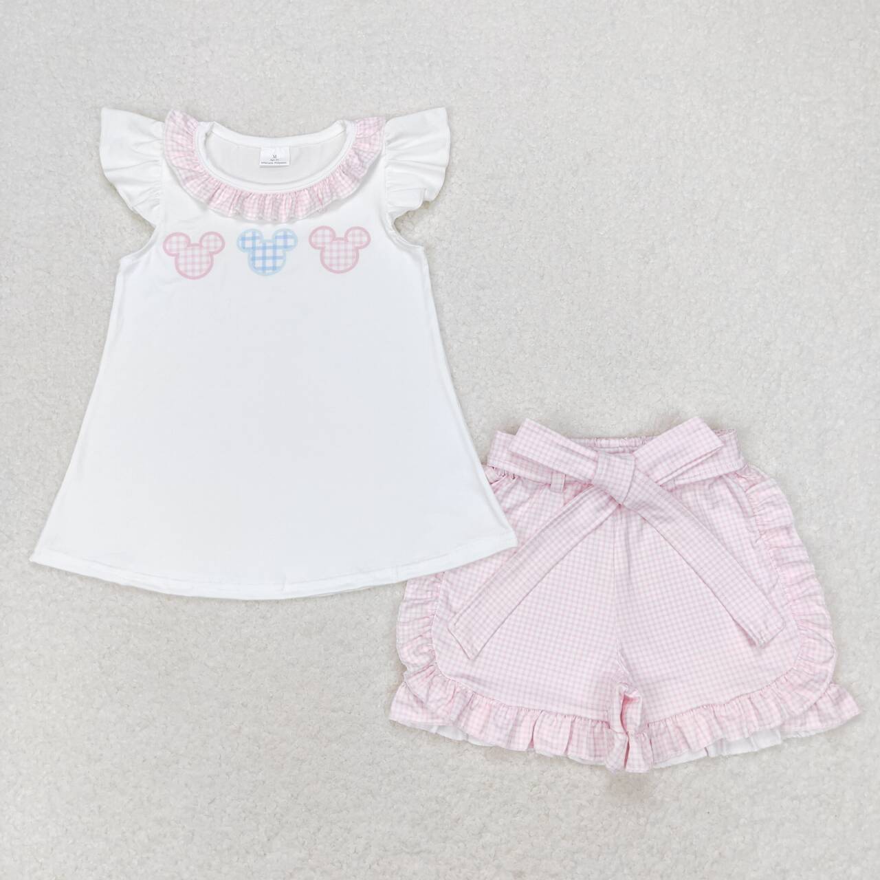 GSSO1136 Pink Cartoon Mouse Top Plaid Shorts Girls Summer Clothes Set