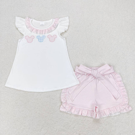 GSSO1136  Pink Cartoon Mouse Top Plaid Shorts Girls Summer Clothes Set