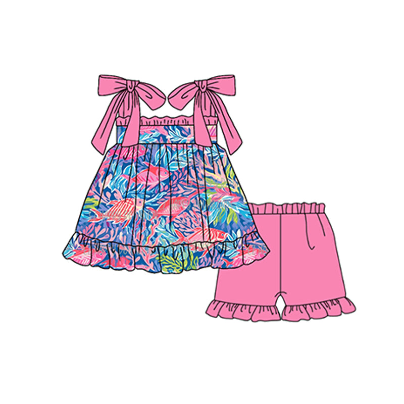 (Pre-order)GSSO1157 Fish Tunic Top Ruffle Shorts Girls Summer Clothes Set