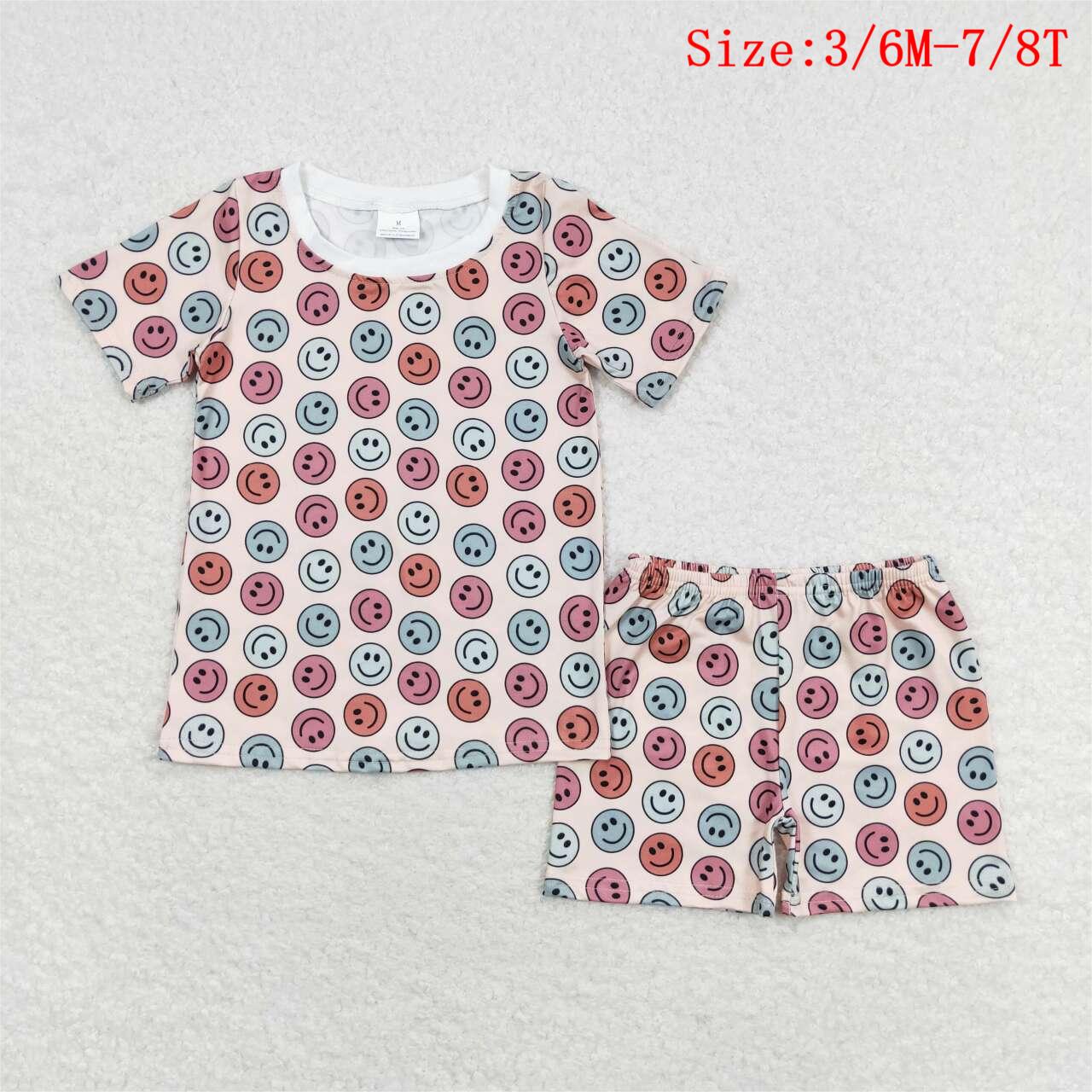 GSSO1160 Smiling Face Print Girls Summer Pajamas Clothes Set