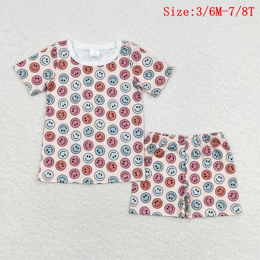 GSSO1160  Smiling Face Print Girls Summer Pajamas Clothes Set