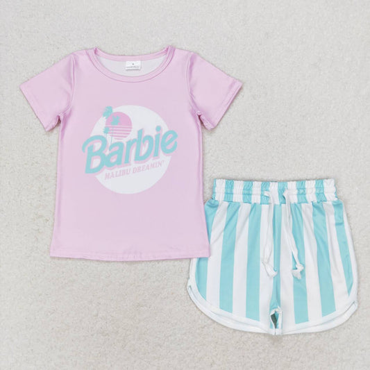 GSSO1168  Pink BA Top Stripes Shorts Girls Summer Clothes Set