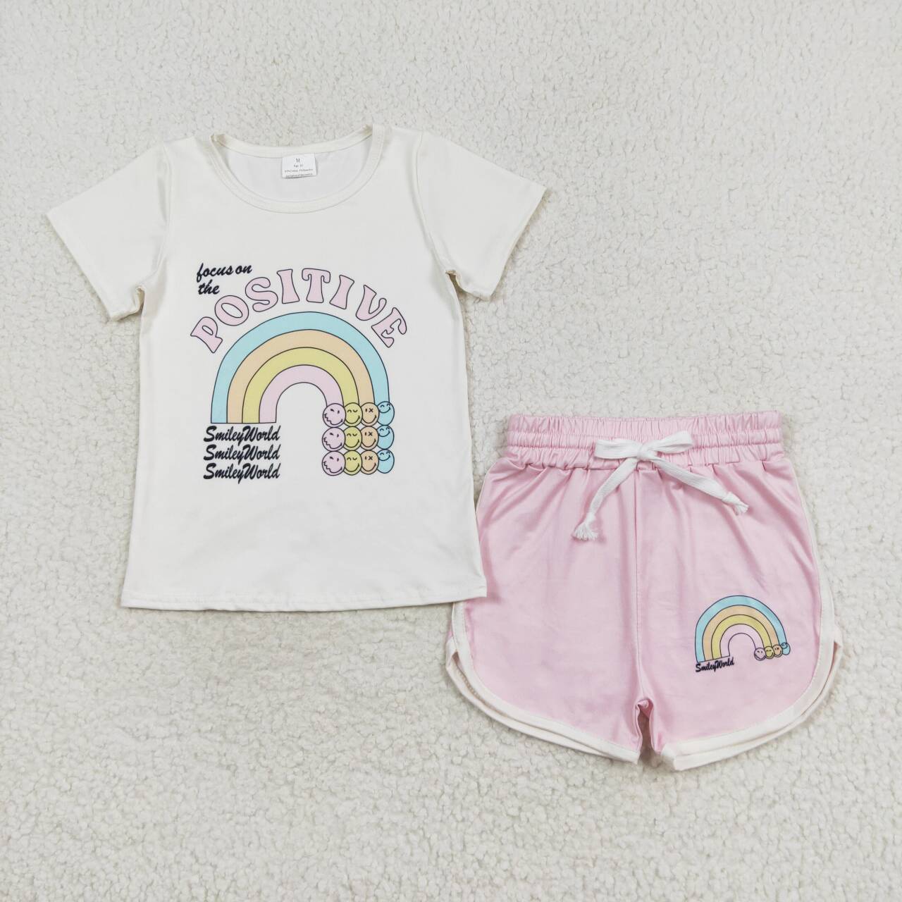 GSSO1175 POSITIVE Rainbow Smiley World Top Pink Shorts Girls Summer Clothes Set