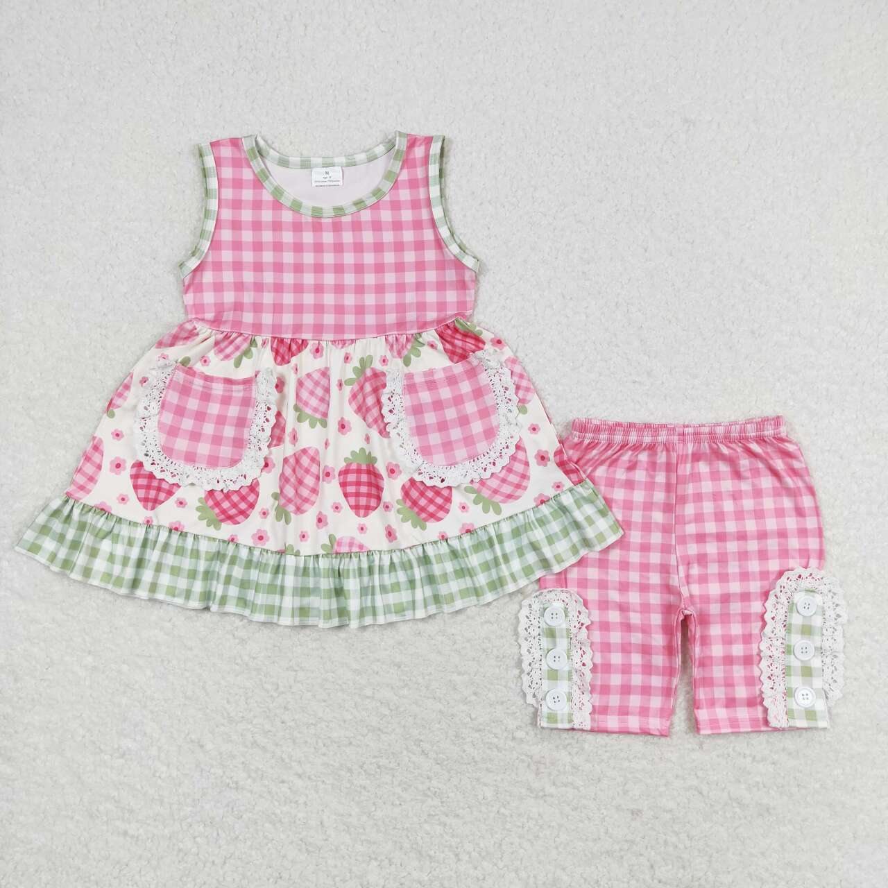 GSSO1183 Strawberry Flowers Pockets Tunic Top Plaid Shorts Girls Summer Clothes Set