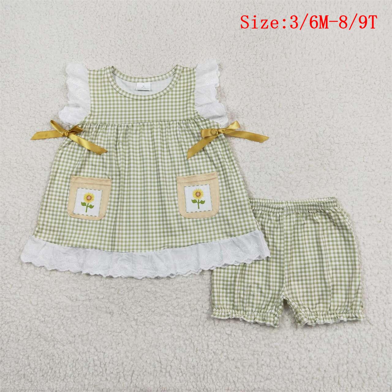 GSSO1196 Flowers Pockets Green Plaid Print Girls Summer Clothes Set