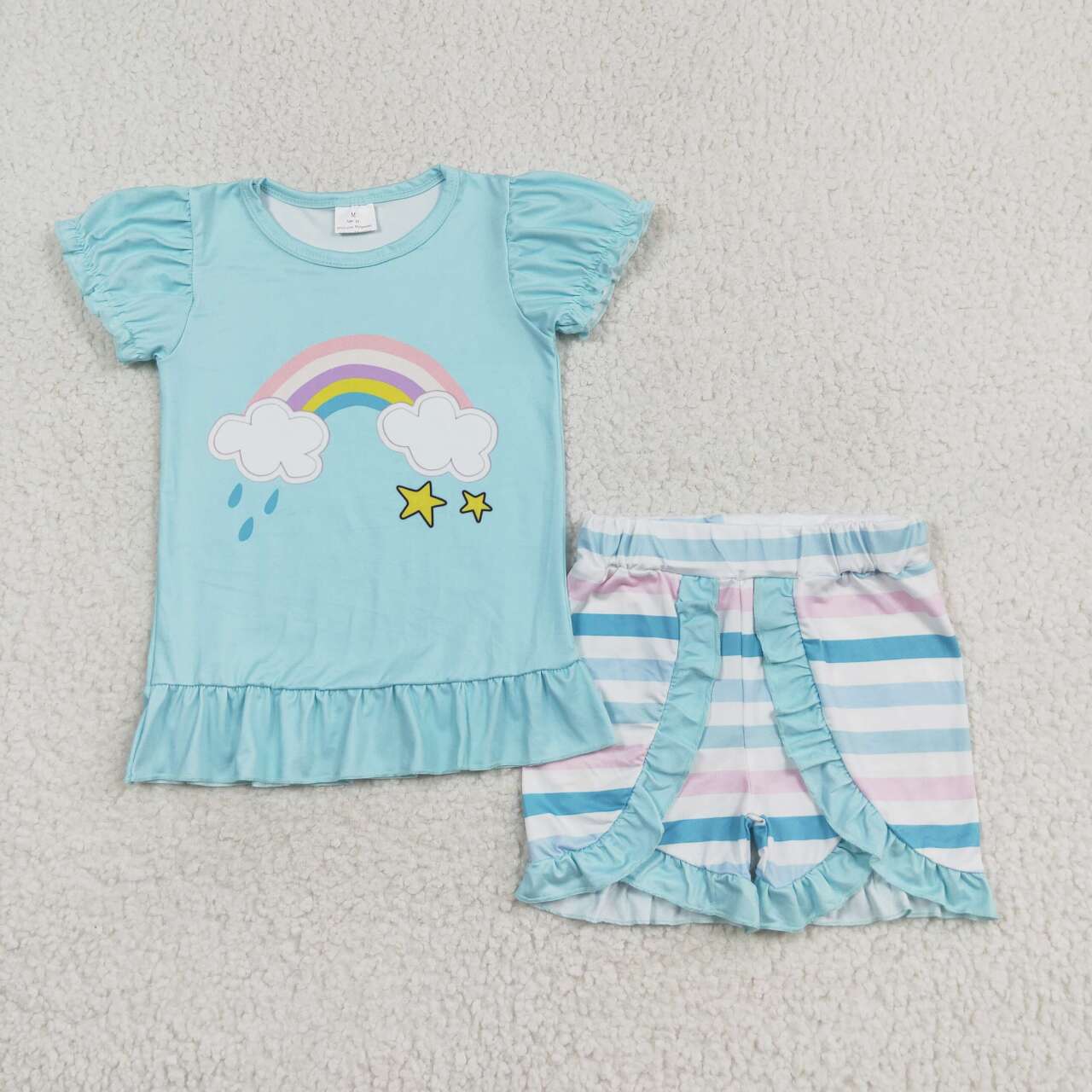 GSSO1227 Rainbow Top Ruffle Shorts Girls Summer Clothes Set