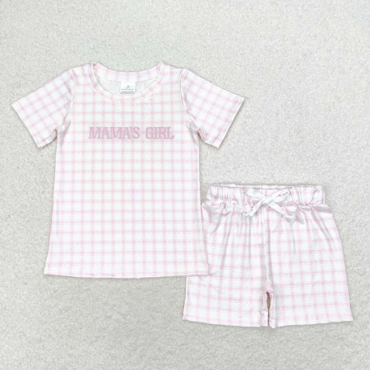 GSSO1236 MAMA'S GIRL Embroidery Pink Plaid Print Girls Summer Clothes Set