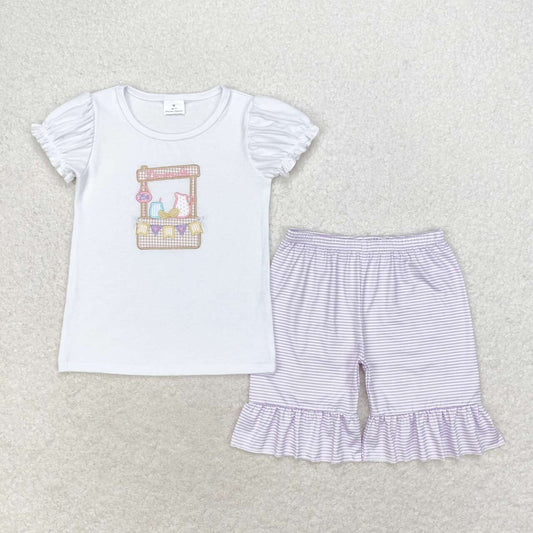 GSSO1240 Fruit Juice Embroidery Top Stripes Shorts Girls Summer Clothes Set