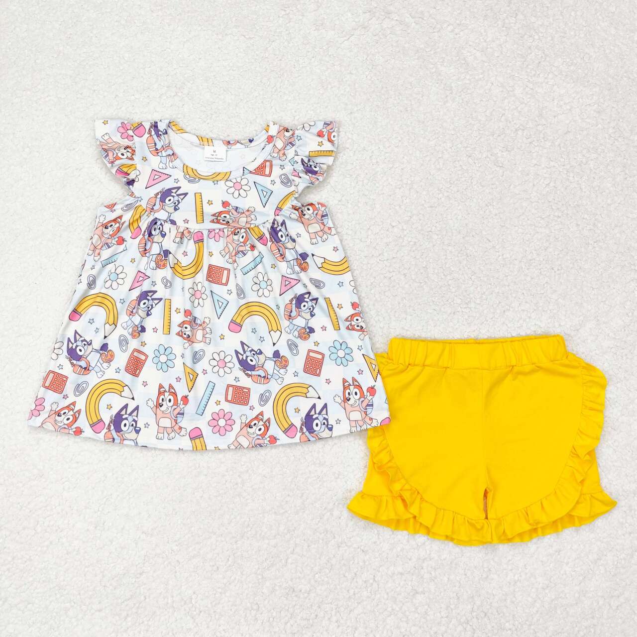 GSSO1246 Cartoon Dog Flowers Rule Pen Top Yellow Shorts Girls Back to School Clothes Set
