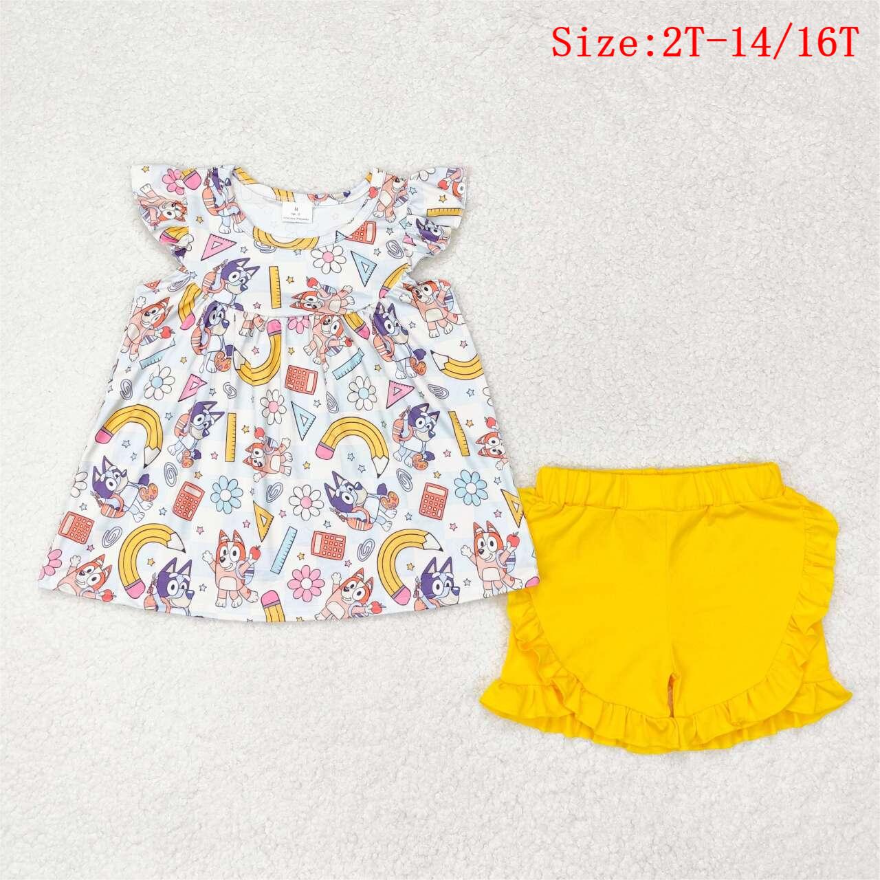 GSSO1246 Cartoon Dog Flowers Rule Pen Top Yellow Shorts Girls Back to School Clothes Set