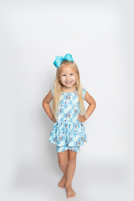 GSSO1248 Blue Cartoon Dog Print Skirts With Shorts Girls Summer Clothes Set
