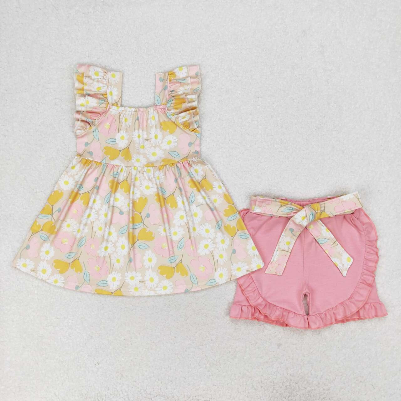 GSSO1254 Flowers Tunic Top Ruffle Shorts Girls Summer Clothes Set