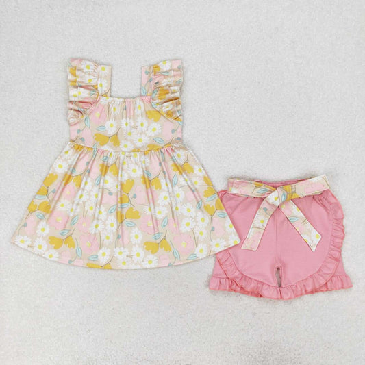 GSSO1254 Flowers Tunic Top Ruffle Shorts Girls Summer Clothes Set