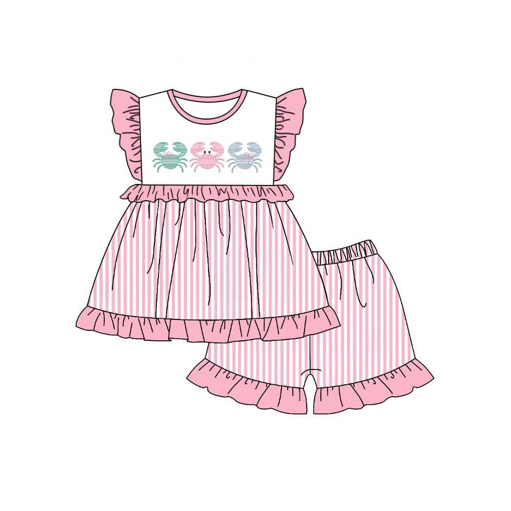 (Custom Design Preorder MOQ 5) Crab Pink Stripes Print Girls Summer Clothes Set