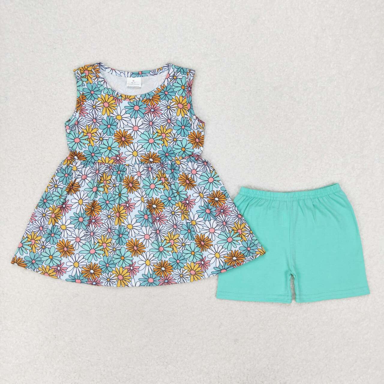 GSSO1271 Flowers Tunic Top Green Shorts Girls Summer Clothes Set