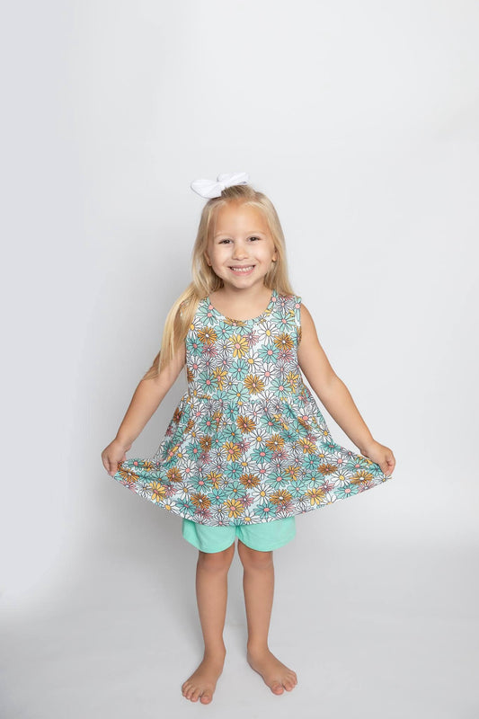 GSSO1271 Flowers Tunic Top Green Shorts Girls Summer Clothes Set