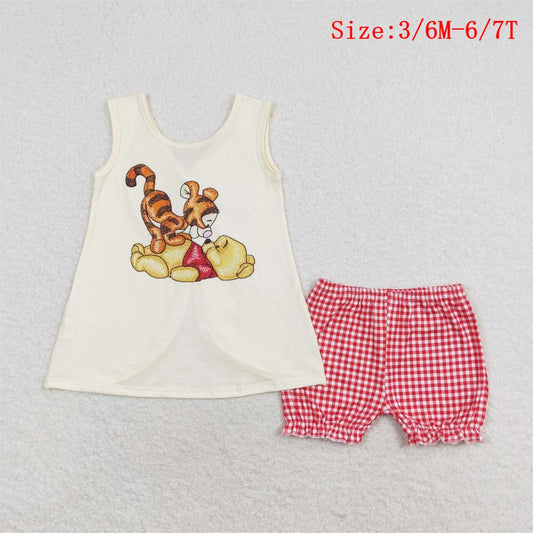 GSSO1282 Cartoon Tiger Bear Backless Top Red Plaid Shorts Girls Summer Clothes Set