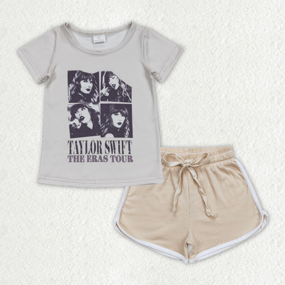 GSSO1332 The ERAS Tour Singer Swiftie Top Khaki Shorts Girls Summer Clothes Set