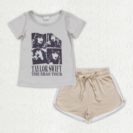 GSSO1332 The ERAS Tour Singer Swiftie Top Khaki Shorts Girls Summer Clothes Set