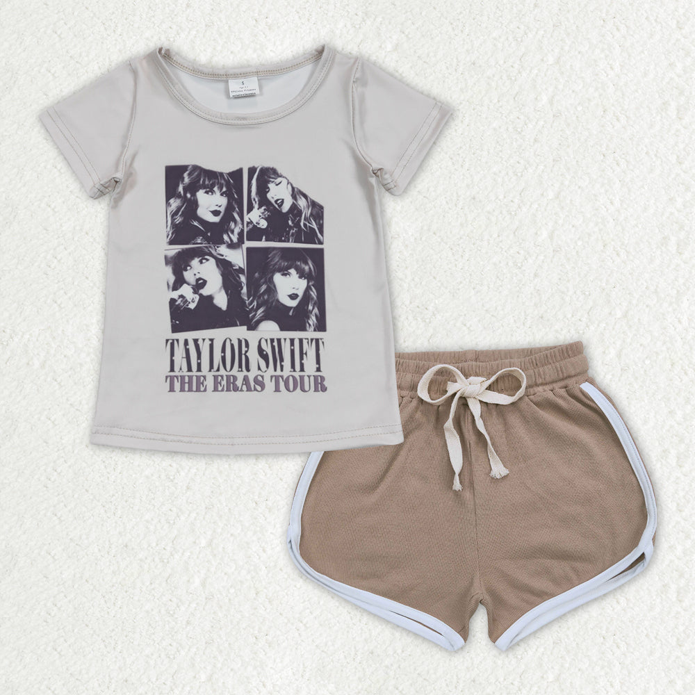 GSSO1333 The ERAS Tour Singer Swiftie Top Khaki Shorts Girls Summer Clothes Set