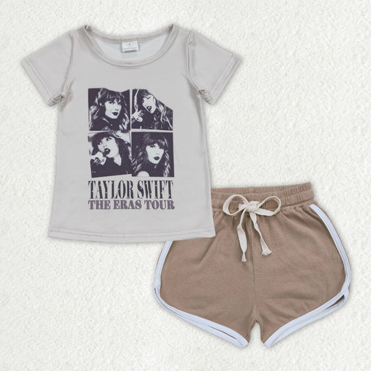 GSSO1333 The ERAS Tour Singer Swiftie Top Khaki Shorts Girls Summer Clothes Set